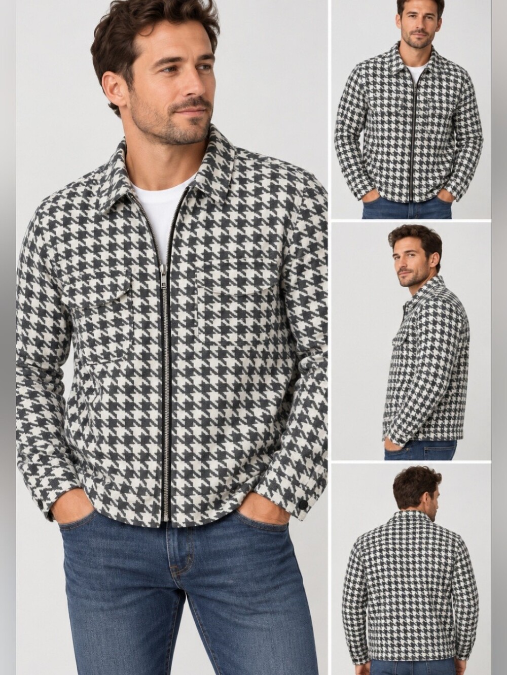 Supreme Houndstooth Flannel Zip Up Shirt Mens Medium Jacket Black White FW18